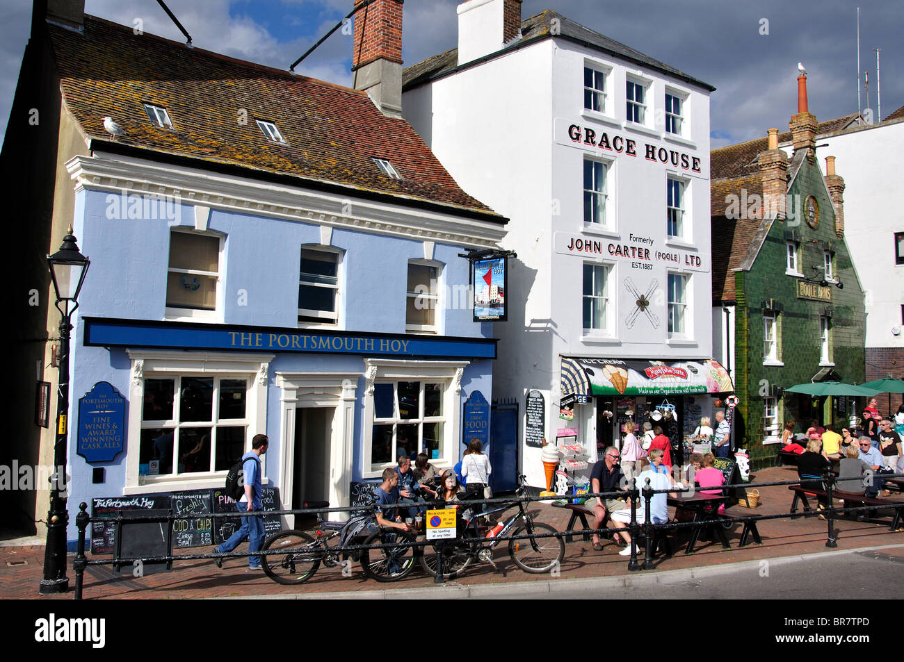 Waterfront shop and pubs, The Quay, Poole, Dorset, England, United Kingdom Stock Photo