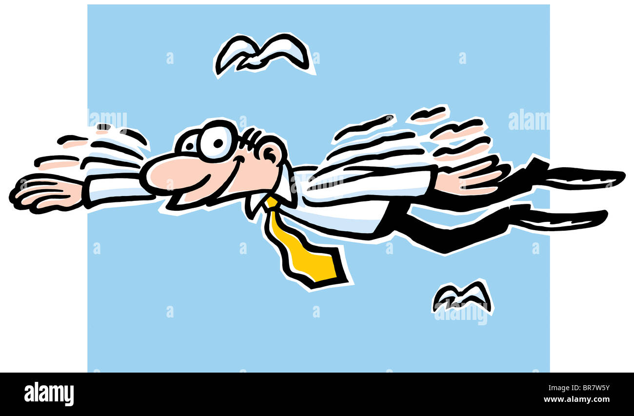 A cartoon drawing of a man flying in the sky Stock Photo - Alamy