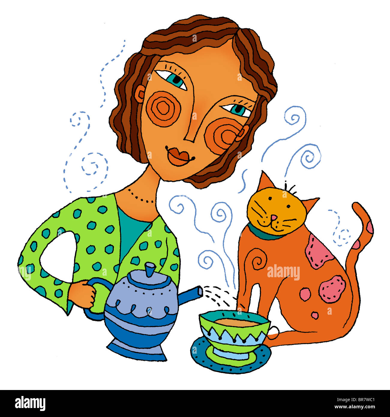 girl pouring tea with kitty Stock Photo