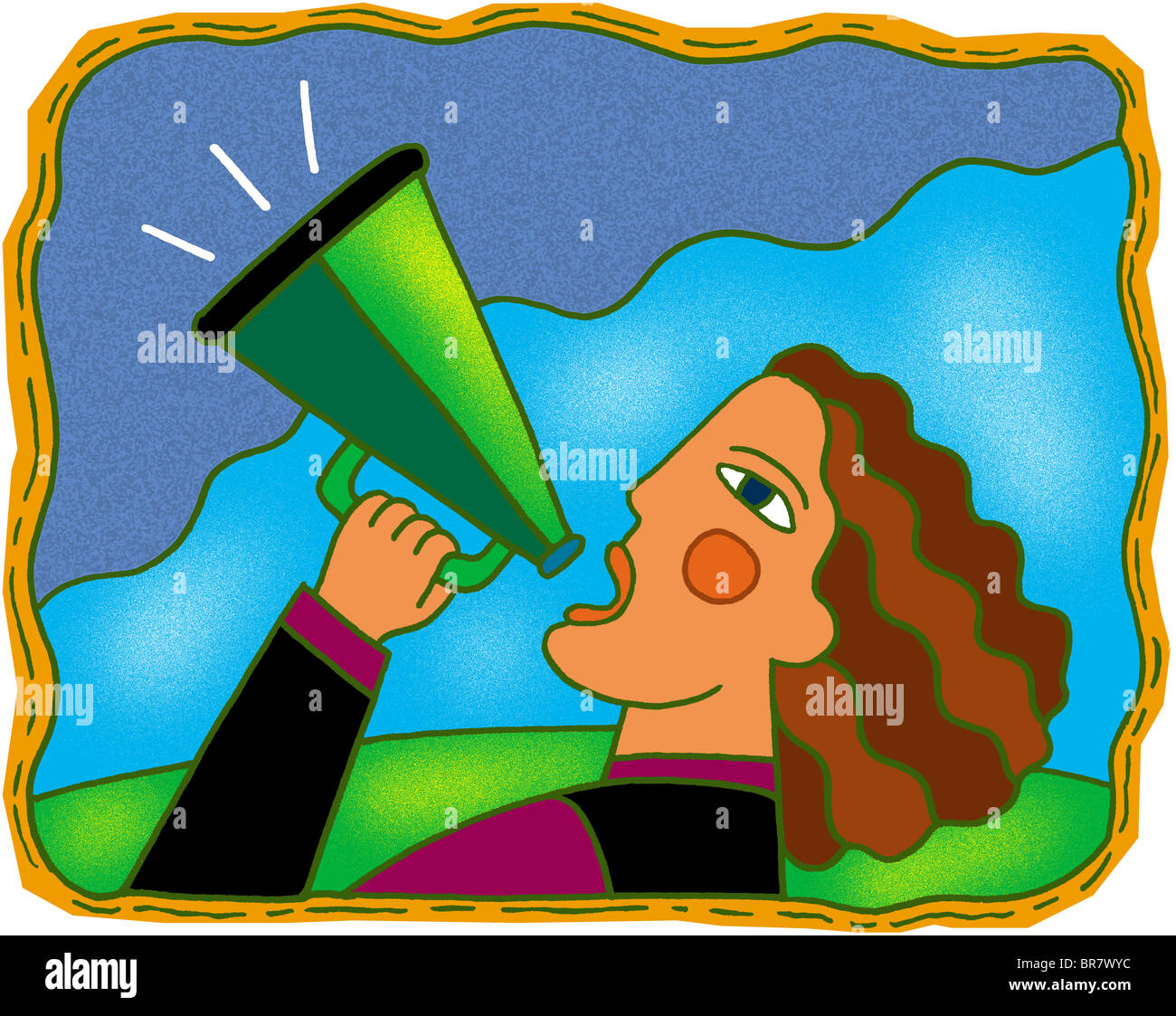 woman talking through a megaphone Stock Photo