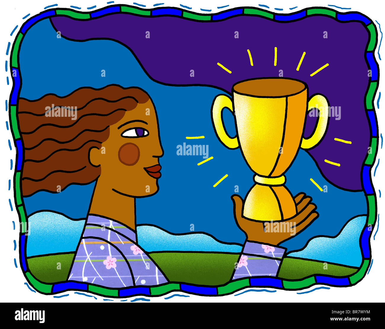 woman holding up a trophy Stock Photo