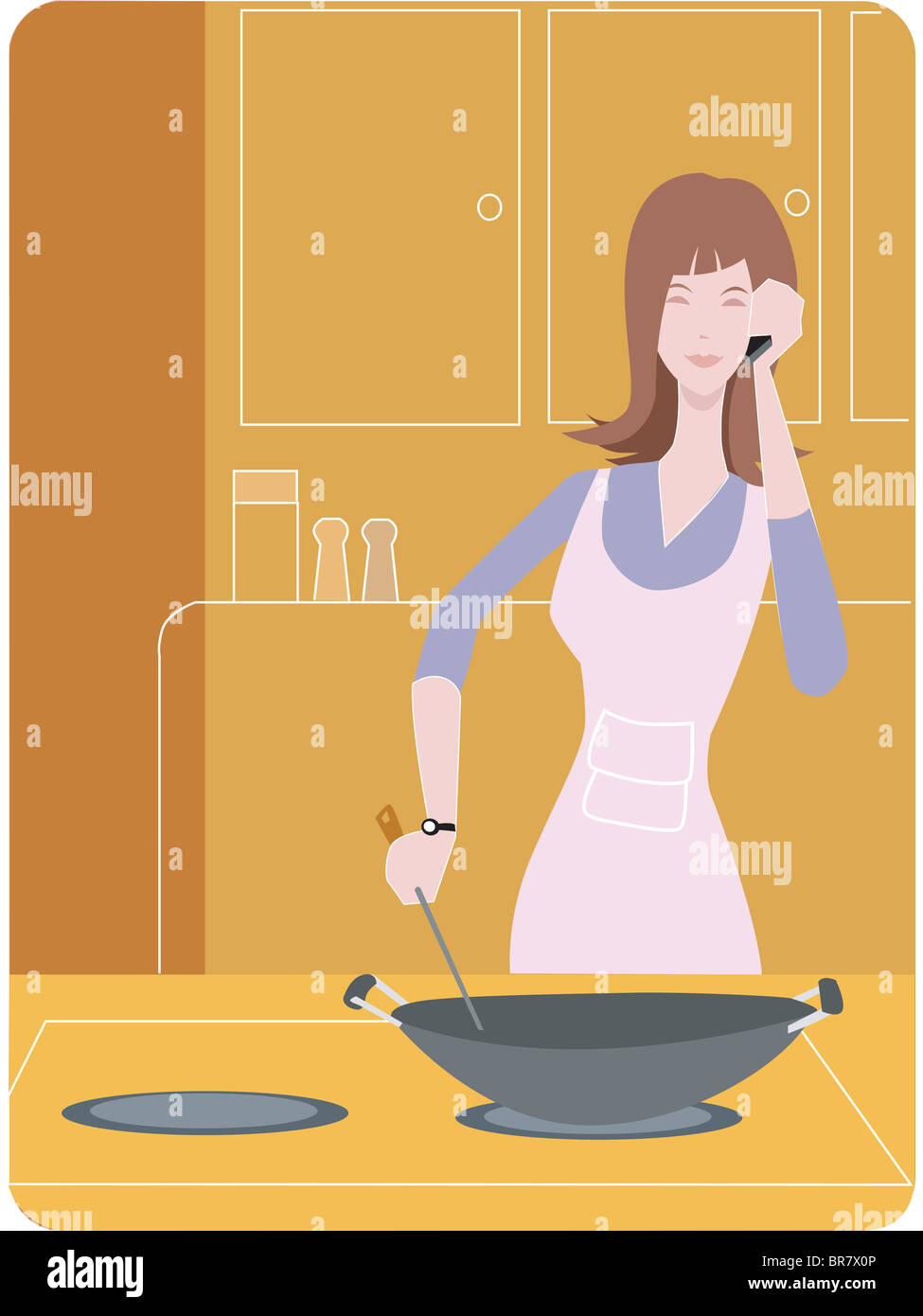 Woman cooking with a wok and talking on the phone Stock Photo