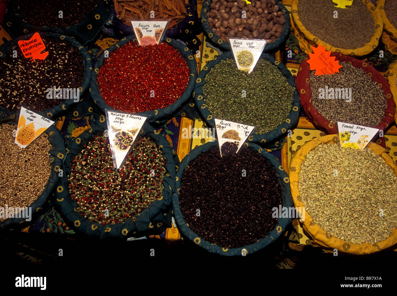 spice vendor, selling spices, spices, spices for sale, Wednesday Market, market day, marketplace, Saint-Remy-de-Provence, Provence, France Stock Photo