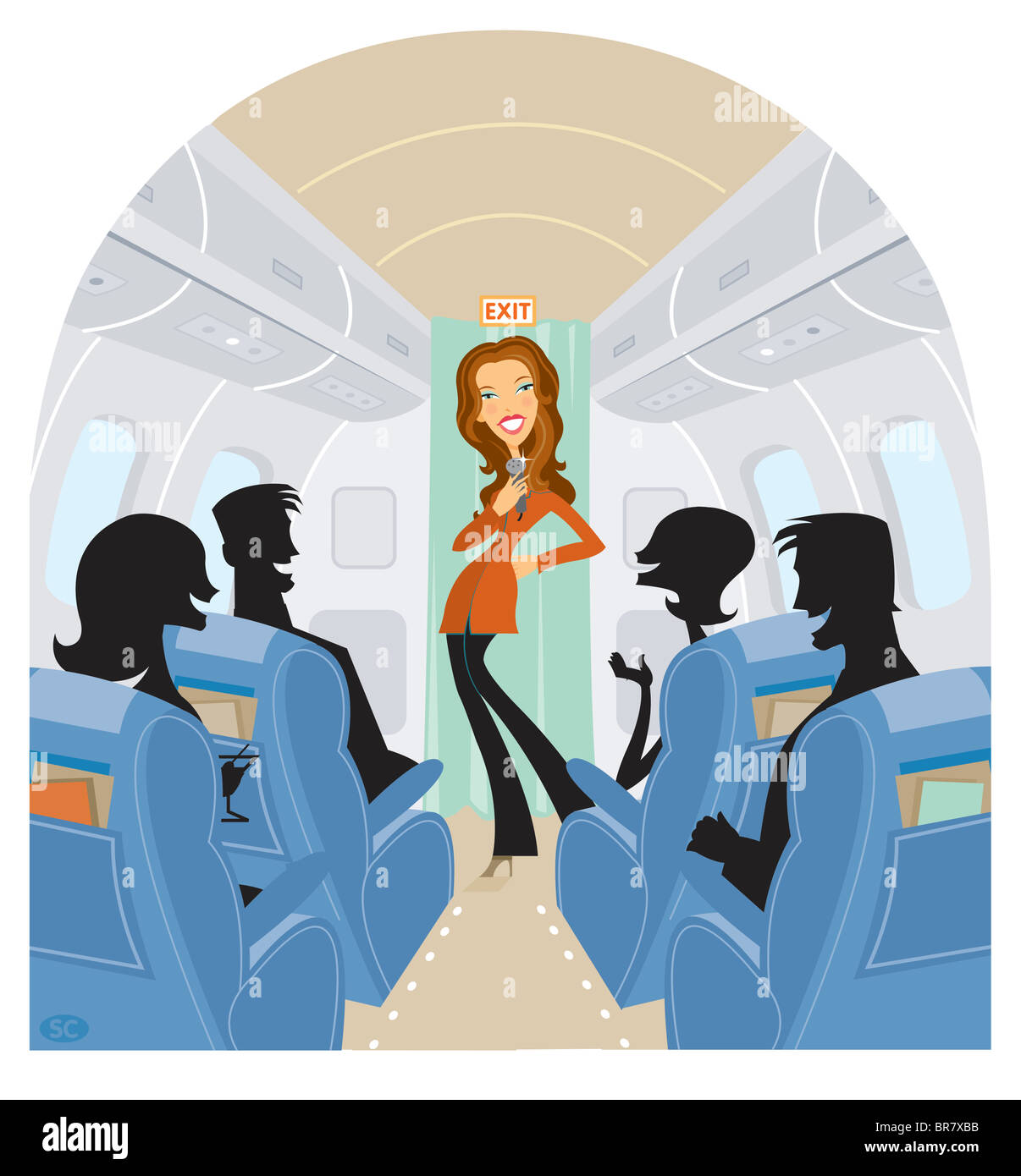 Flight attendant entertaining the passengers Stock Photo