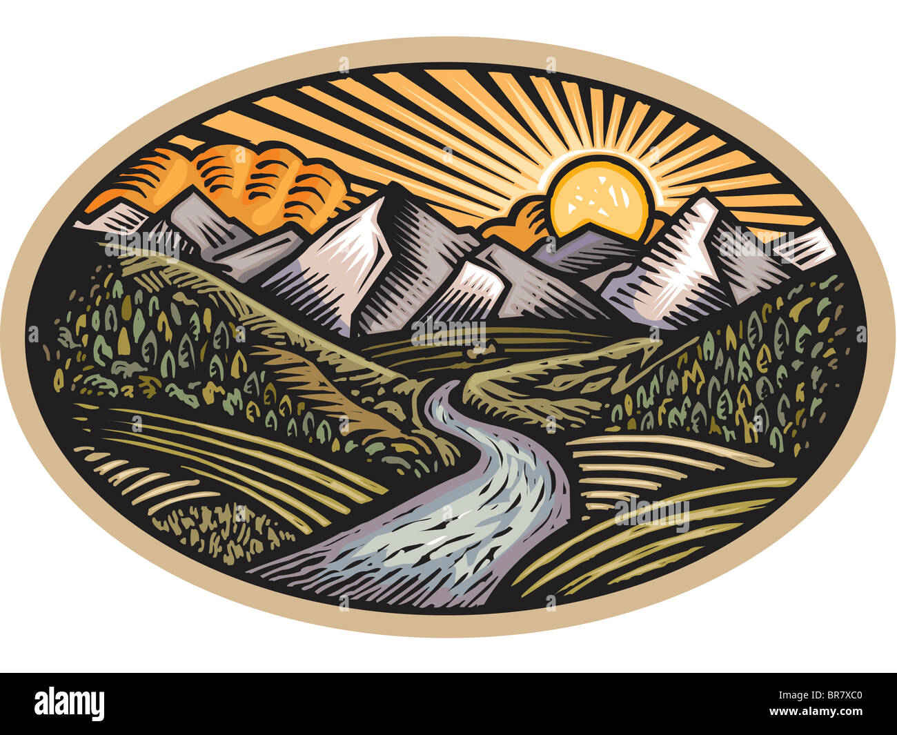 Oval shaped nature scene of mountains, hills and stream Stock Photo