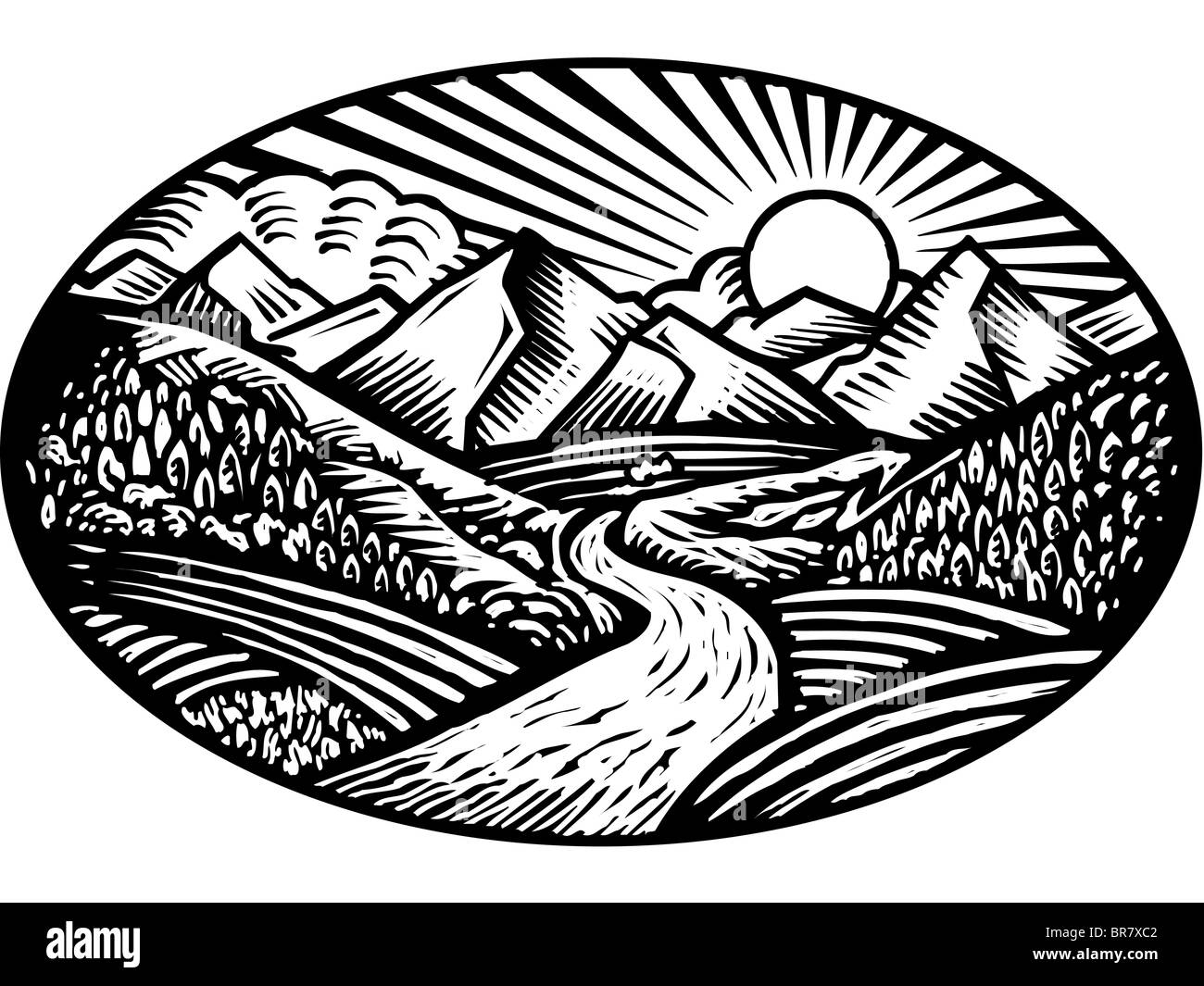 Oval shaped nature scene of mountains, hills and stream, black and white Stock Photo