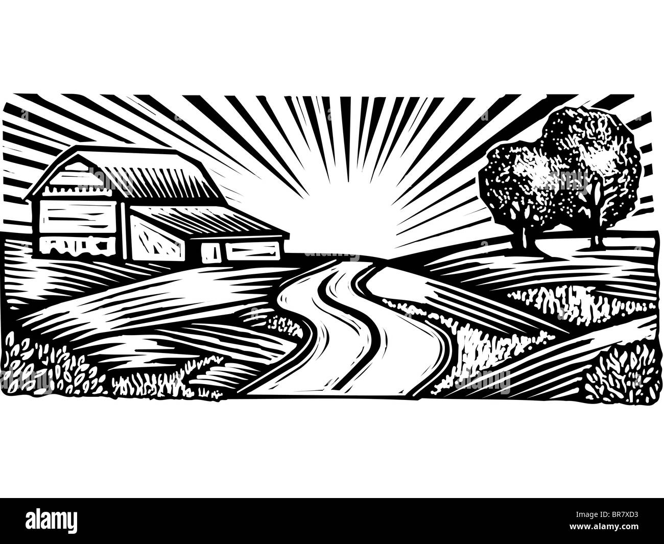 Rural scene with winding road and barn, black and white Stock Photo