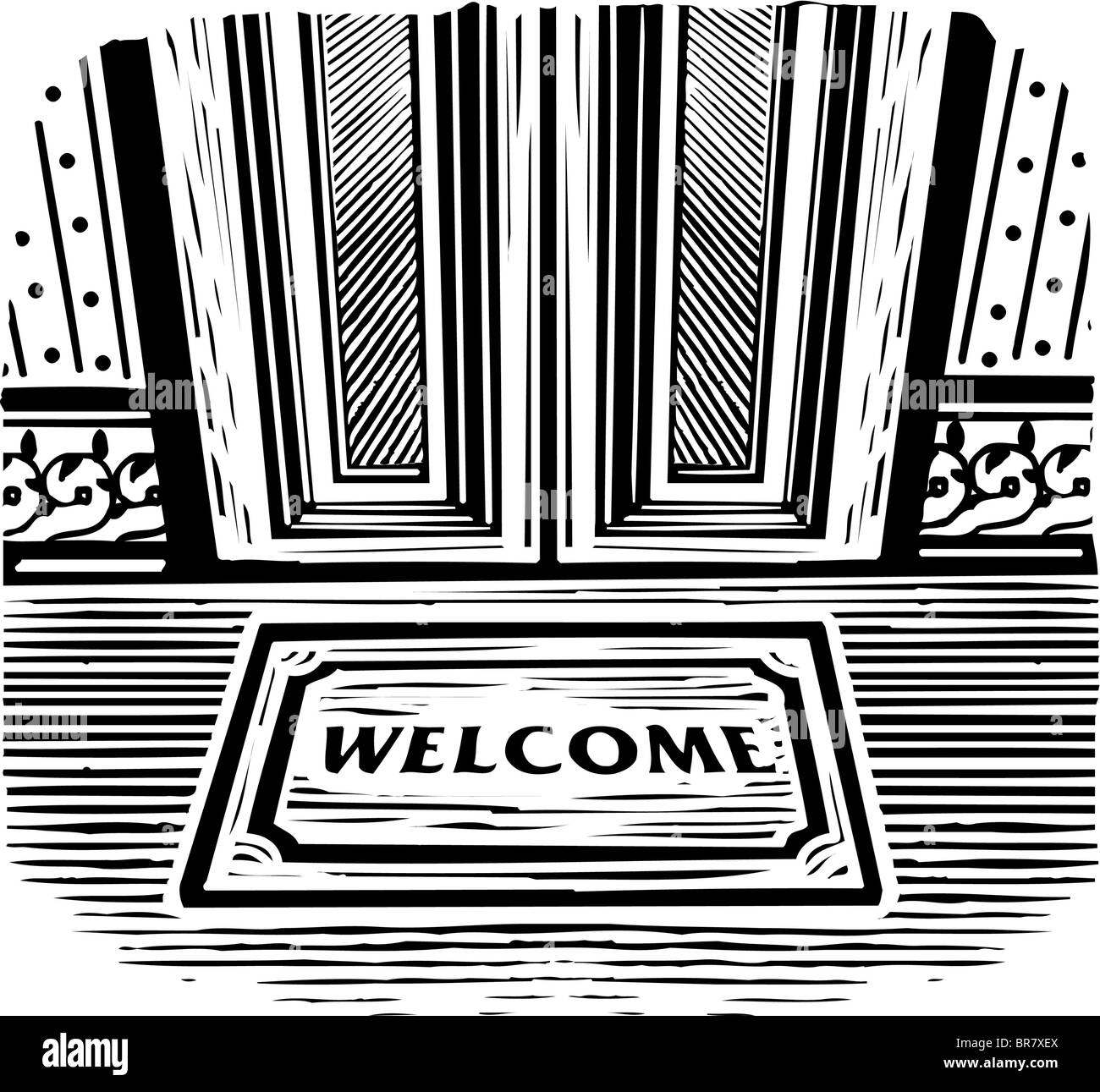 Welcome mat in front of a door, black and white Stock Photo