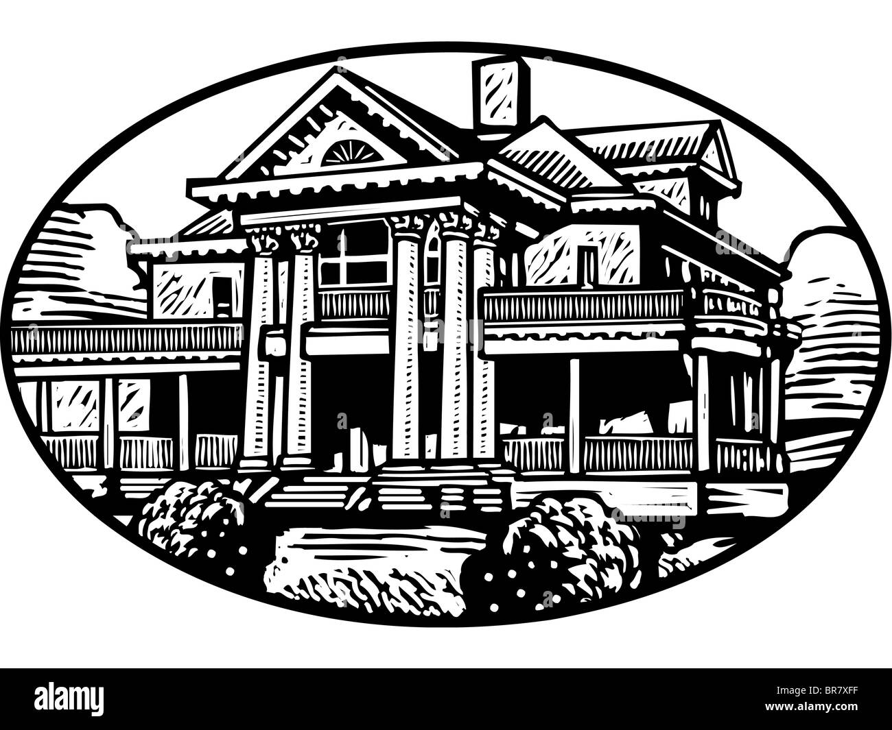 An black and white illustration of a colonial mansion Stock Photo