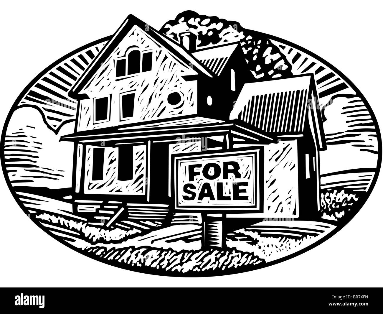 Oval shaped picture of a house with a for sale sign in front, black and white Stock Photo
