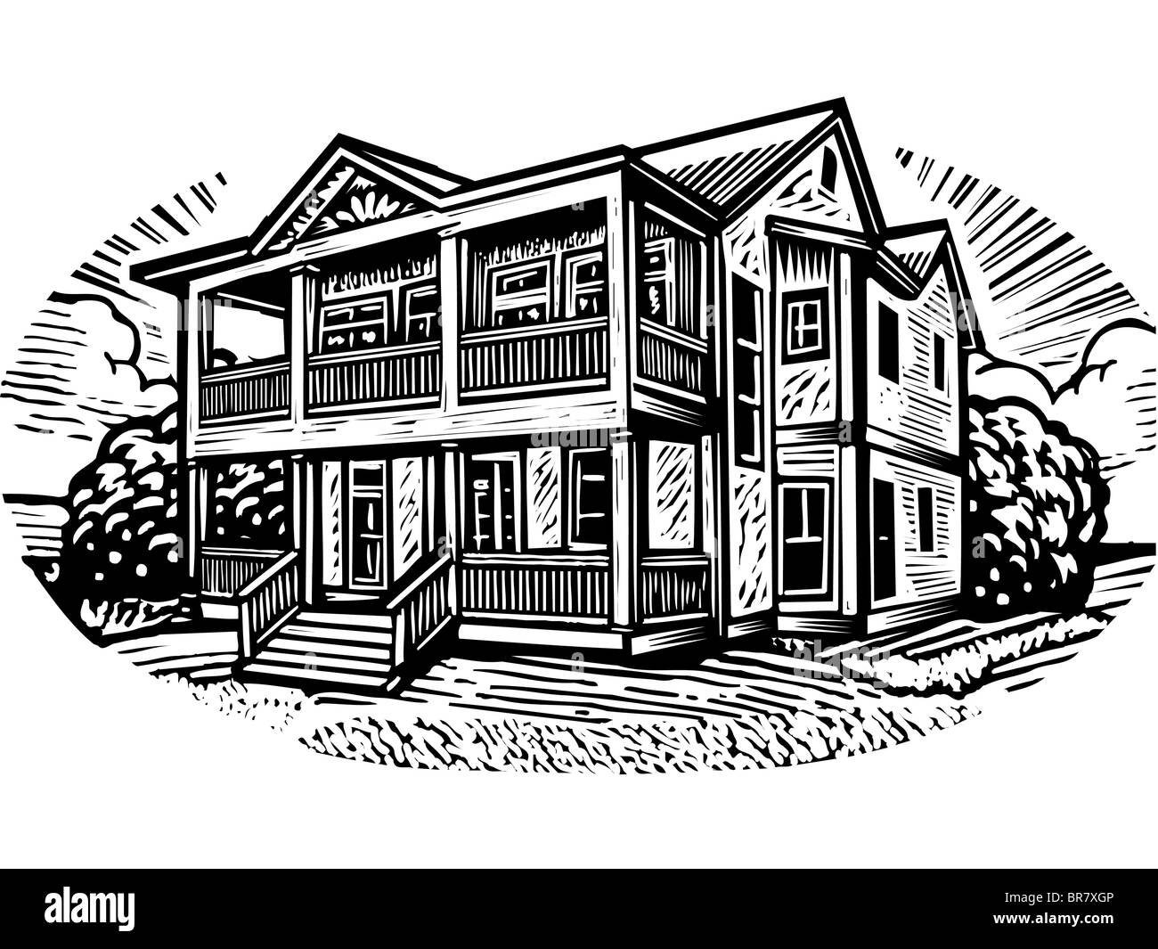 A pictorial representation of a two storey house in black and white Stock Photo