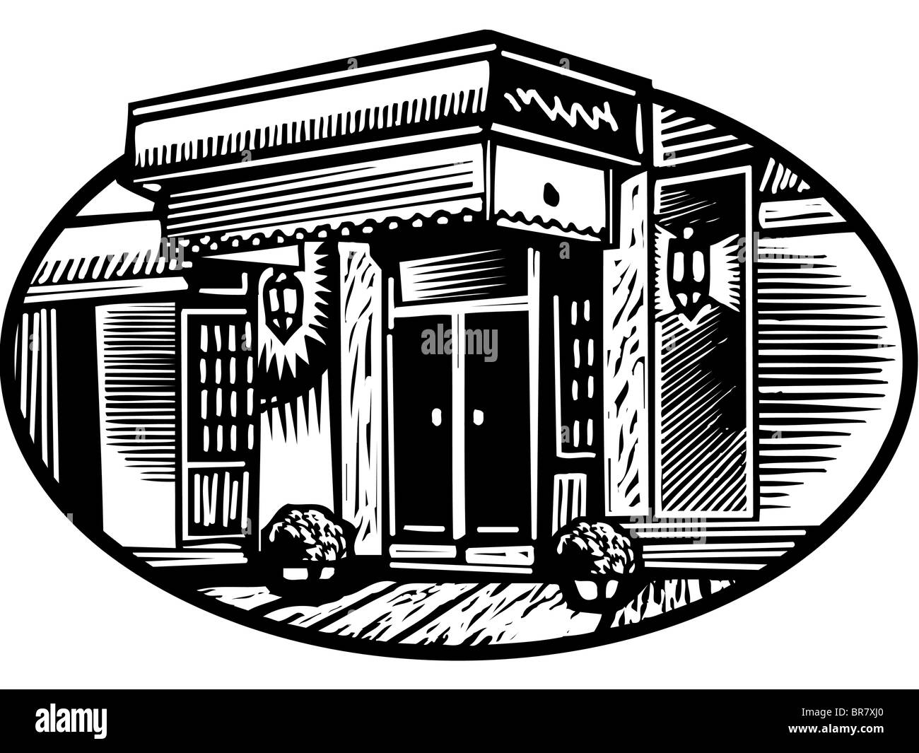 Oval illustration of a hotel entrance, black and white Stock Photo