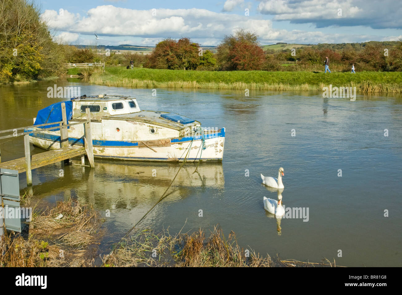 Boat moored up on the River Arun at Arundel, West Sussex, England, UK. Stock Photo