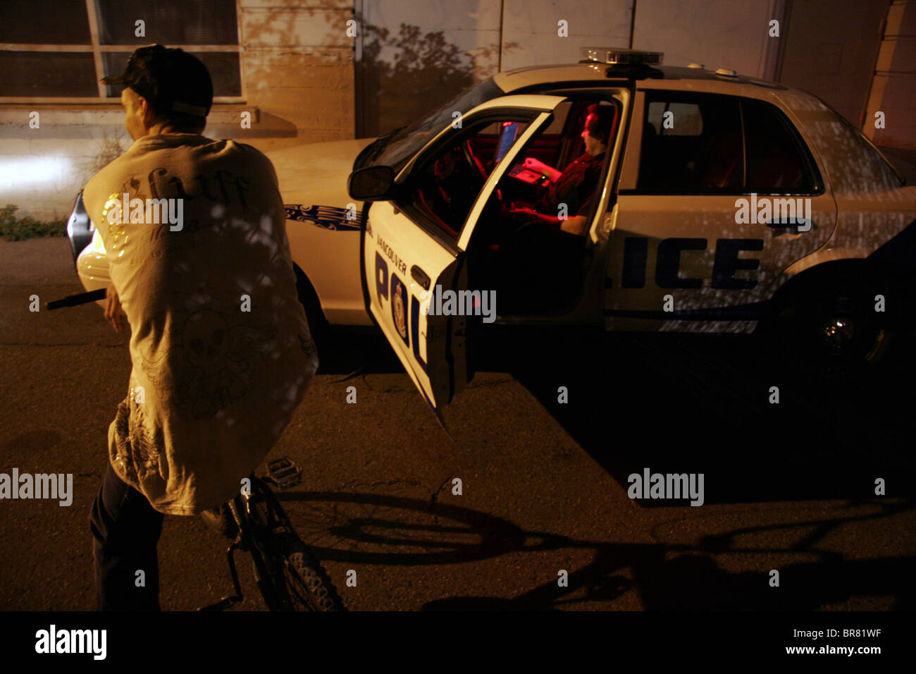 Vancouver police department cop car in alley, Vancouver, British Columbia, Canada Stock Photo