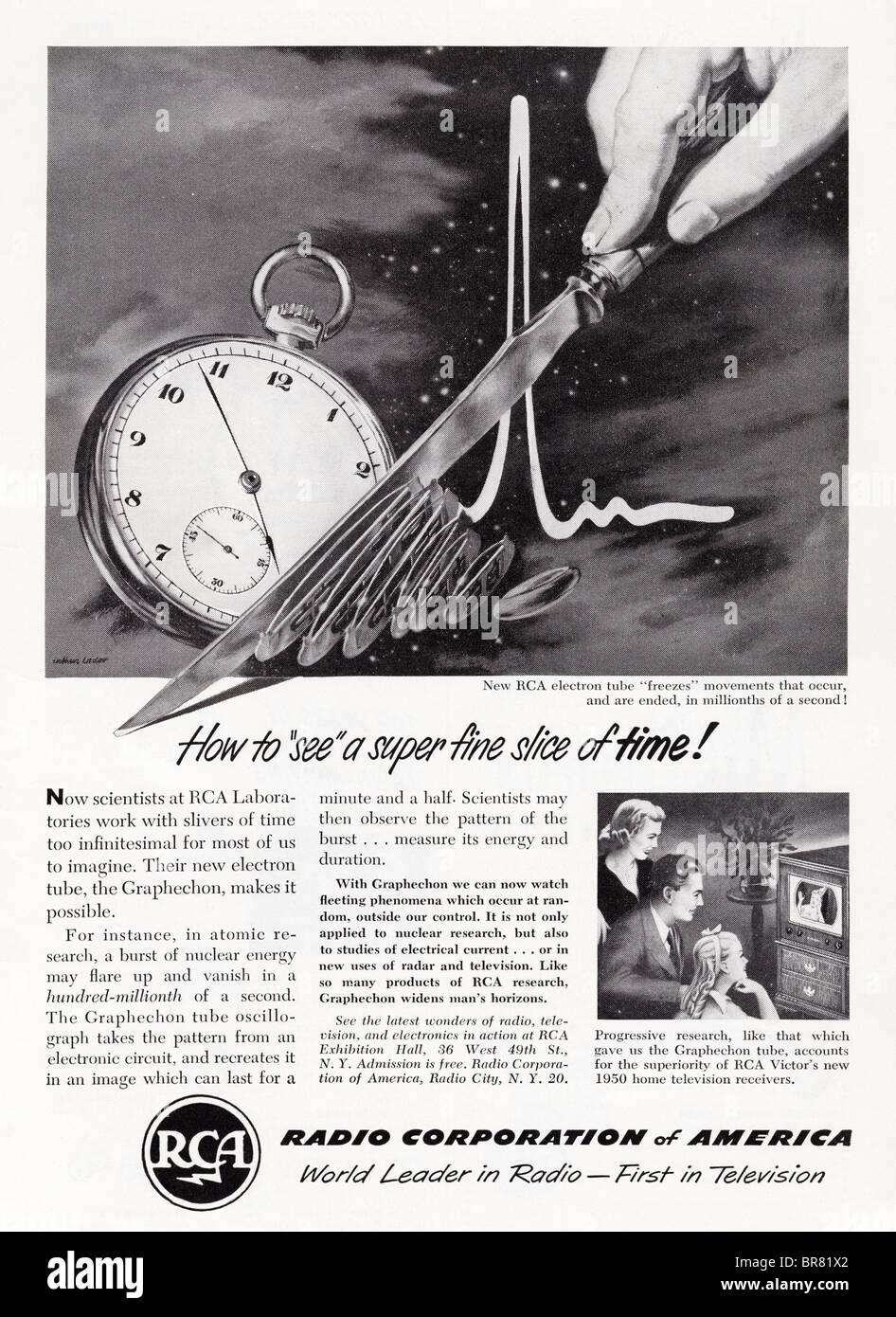 Black and white American magazine advert for RCA Radio Corporation of America circa 1950 Stock Photo