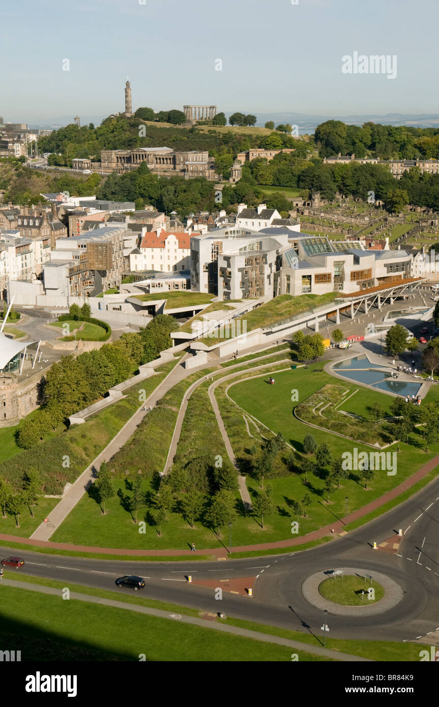 The Scottish Parliament building and Calton Hill viewed from Arthurs Seat, Edinburgh, Scotland. Stock Photo