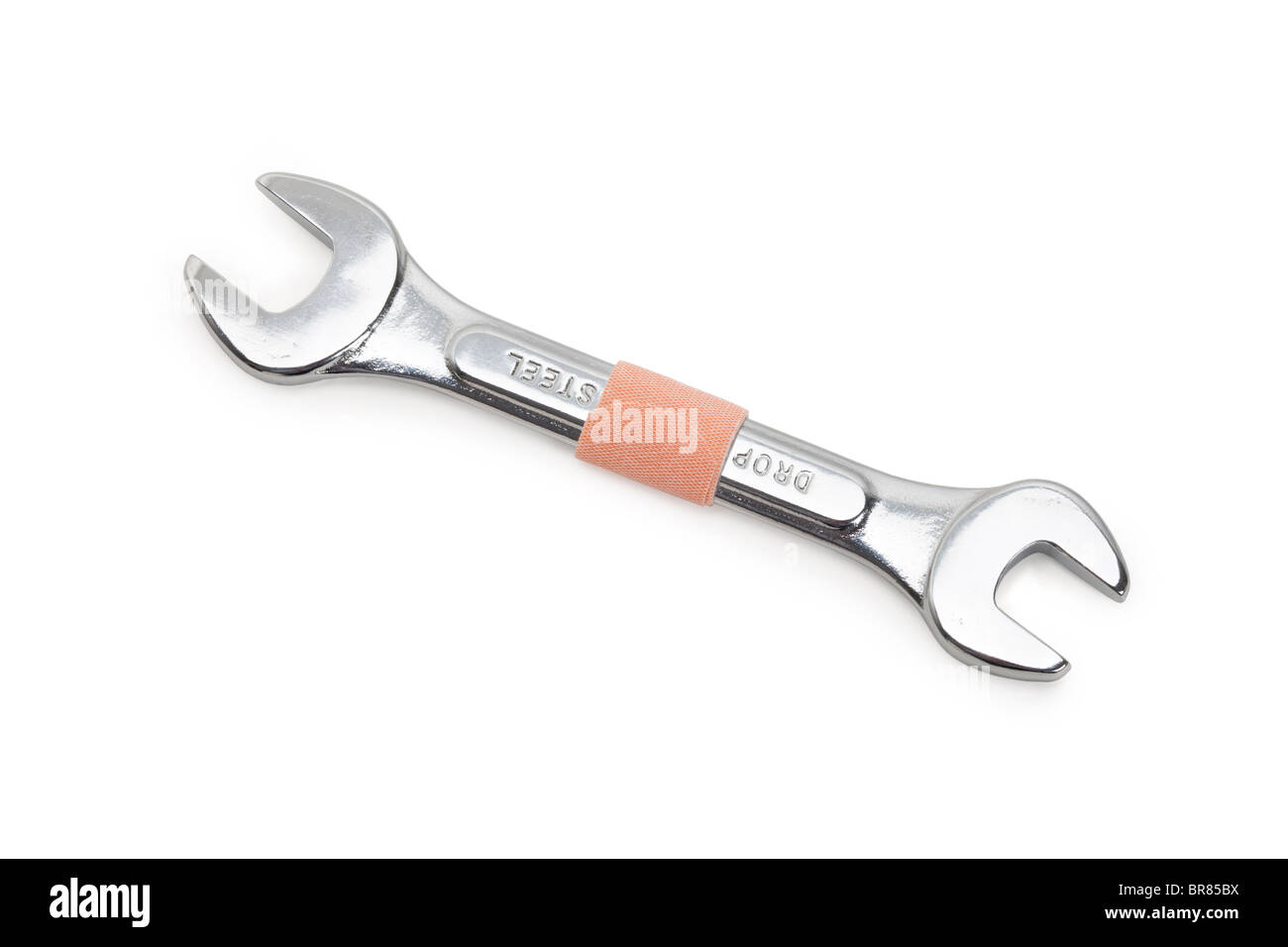 Stainless Steel Wrench and Adhesive Bandage, concept of out of order Stock Photo