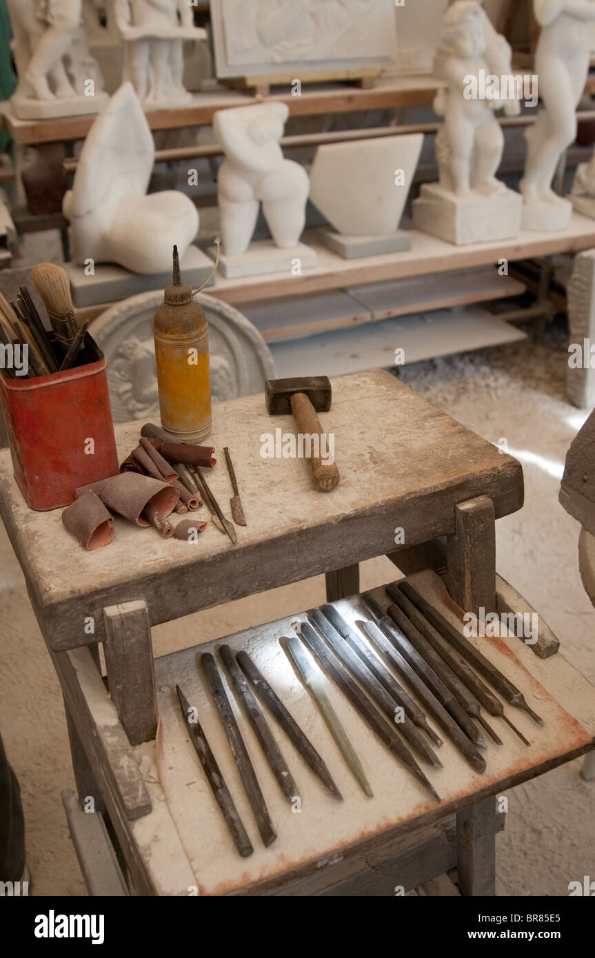 Marble sculptor tools organized and set out ready for work Stock Photo