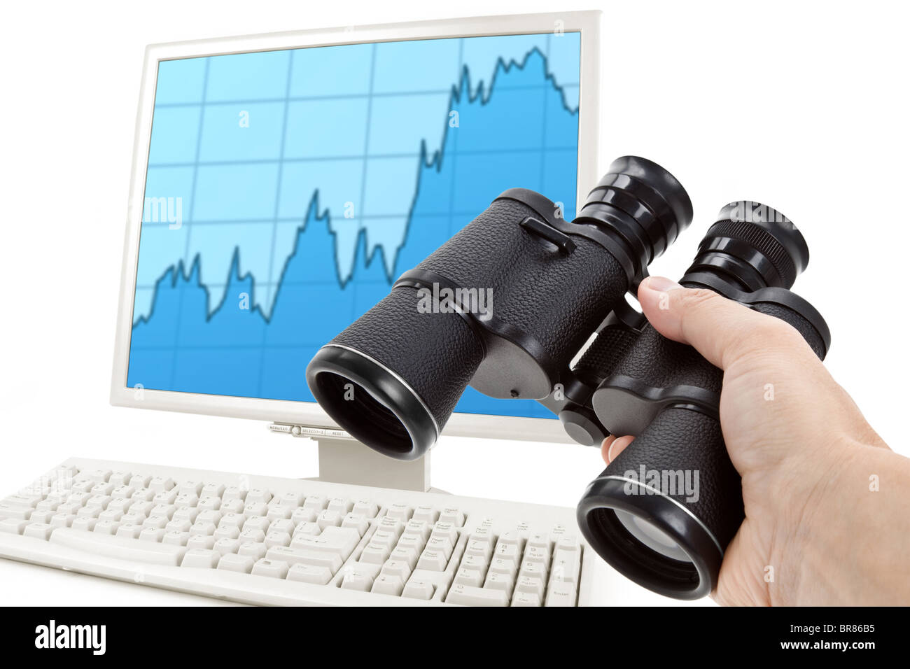 Black Binoculars and Market Chart, Concept of Business Strategy Stock Photo