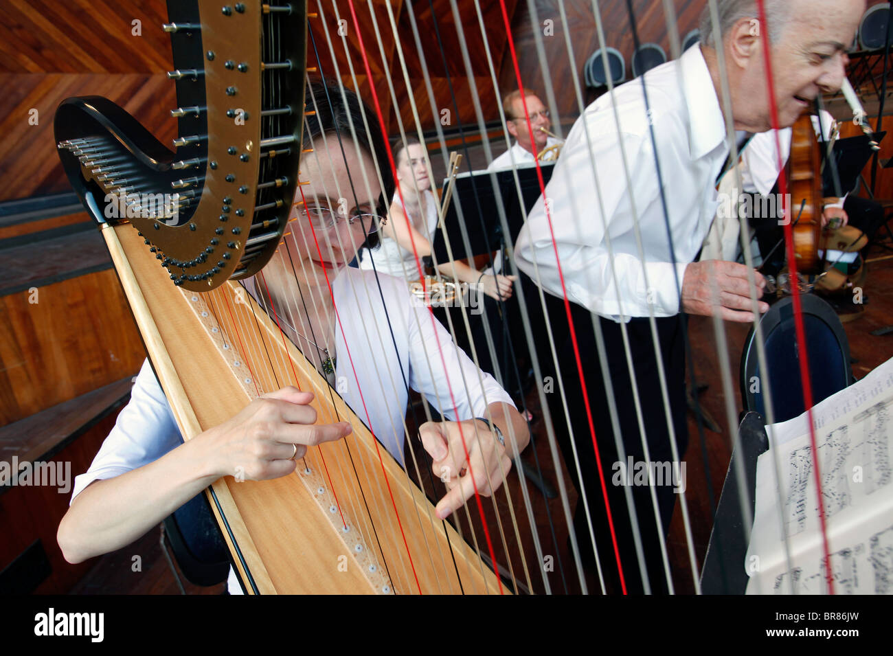 A harp player for the Boston Landmarks Orchestra before an outdoor