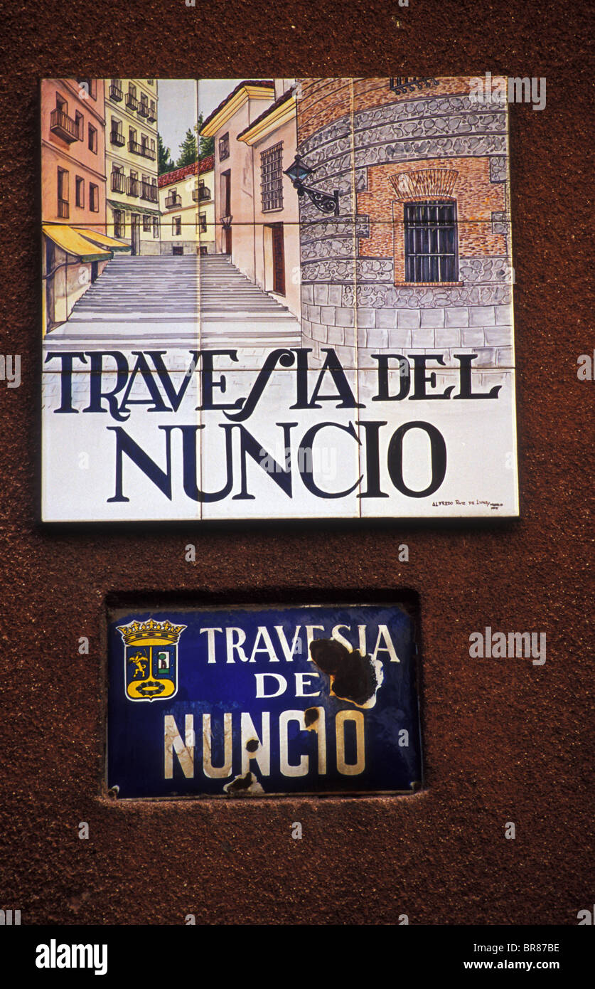 Street signs the Travesia del Nuncio in the La Latina quarter of Madrid, Spain Stock Photo