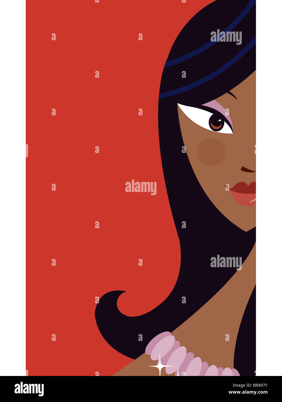 A woman with black hair on rich red background Stock Photo - Alamy