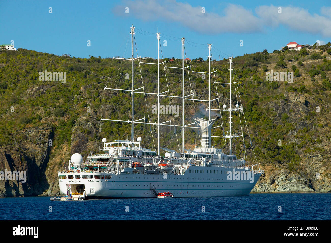 Cruise ship ''Wind Surf' anchored off St Barthelemy for the St Barts Bucket, Caribbean. Stock Photo