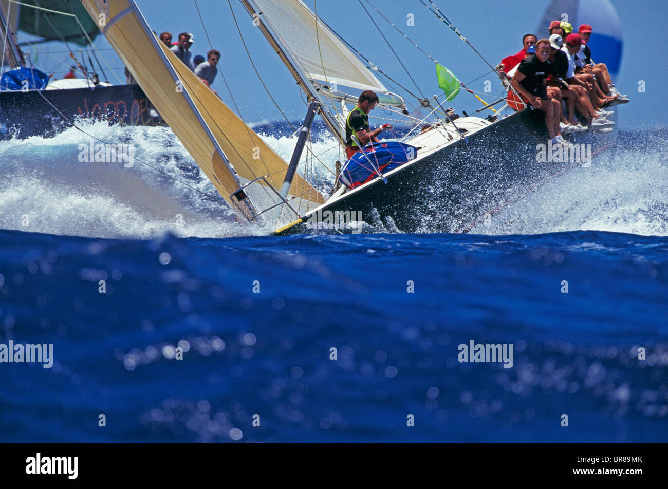 Crew on the rail aboard 'No Problem IV', Kenwood Cup, Hawaii. Stock Photo