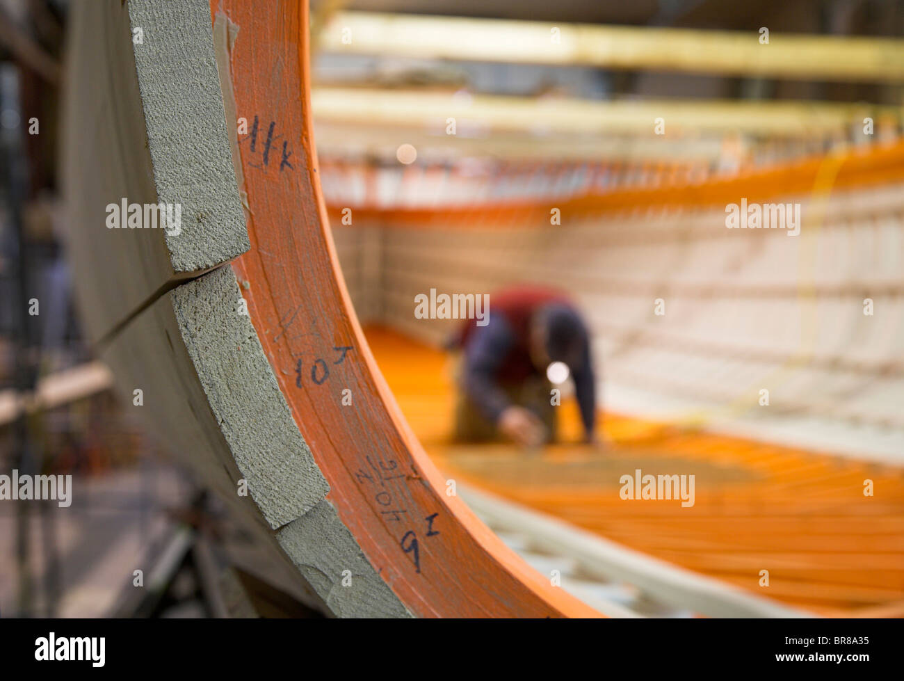 Wooden boat 'Bystander' being rebuilt, she was the original tender for the old J-Class yacht 'Ranger', Newport, Rhode Island, US Stock Photo