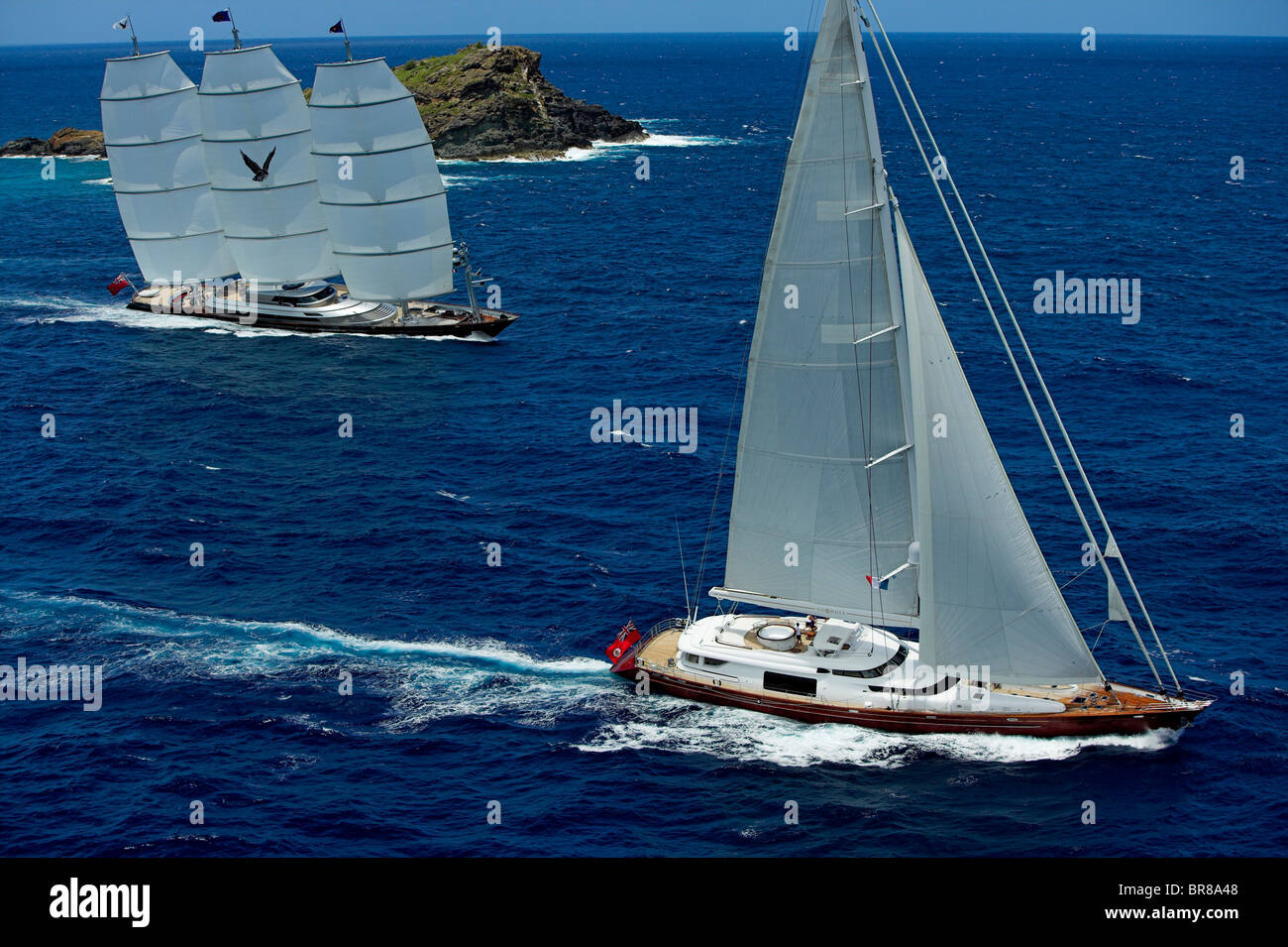 Megayacht "Maltese Falcon" racing behind another yacht in the St Barth