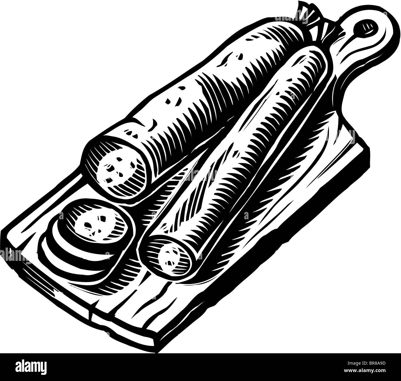 A drawing of Pepperoni sausages on a cutting board Stock Photo