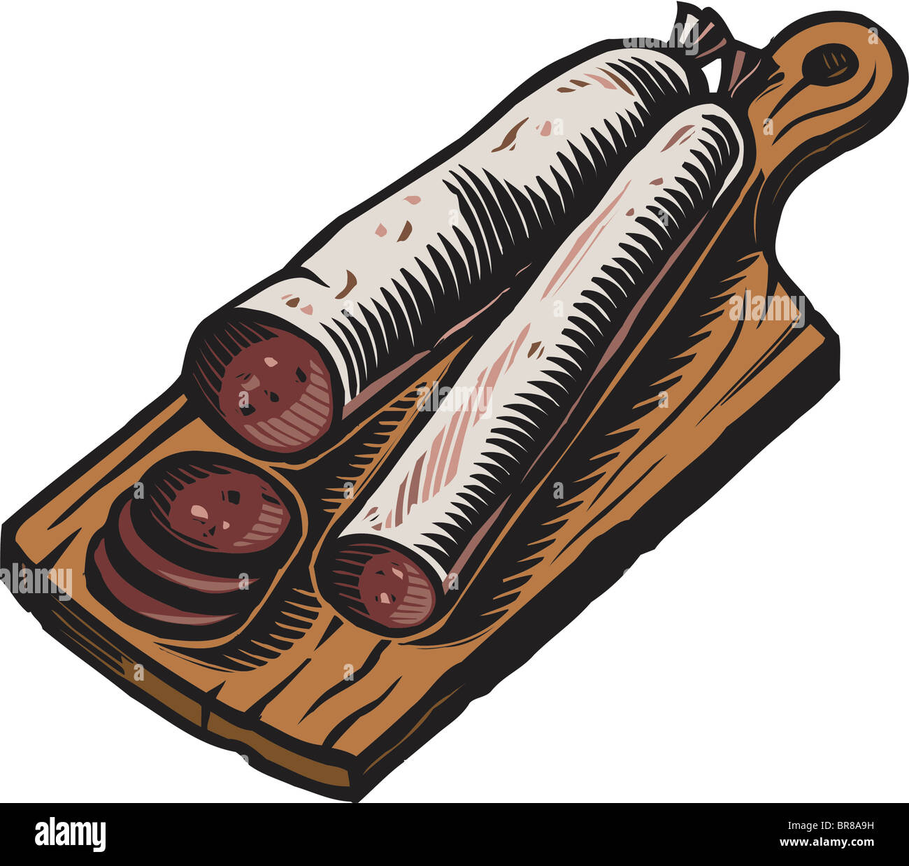 A drawing of Pepperoni sausages on a cutting board Stock Photo