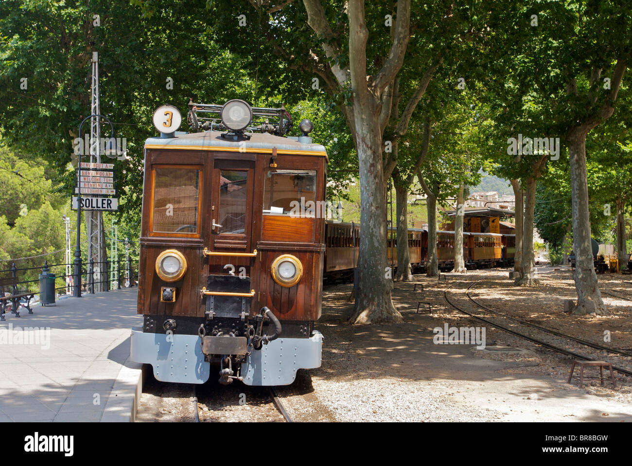 Trains at Soller in Mallorca Spain. Victorian electric made in U.K. Stock Photo