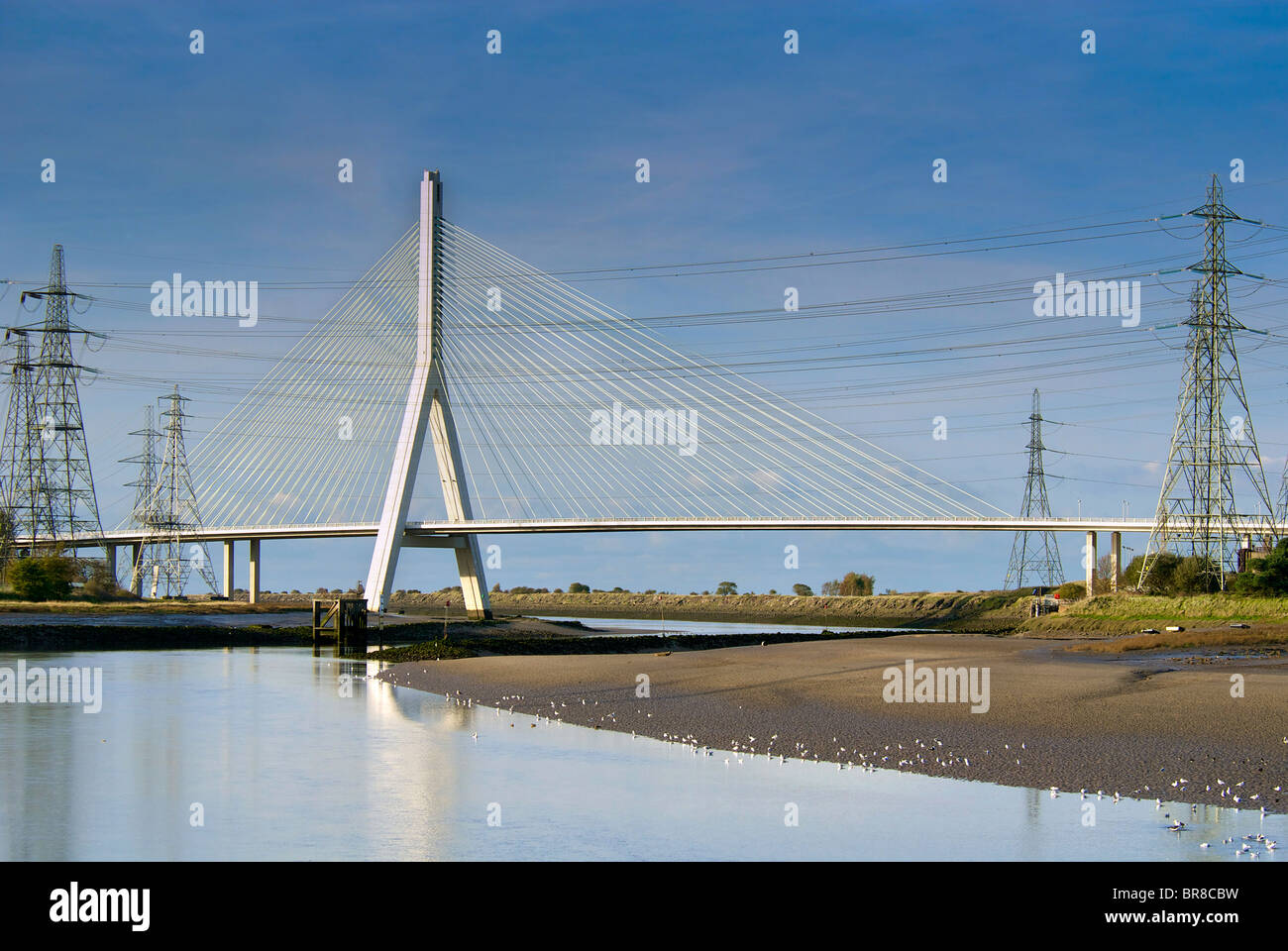 The new suspension bridge carrying the A548 road over the river Dee near Flint in North Wales. Stock Photo