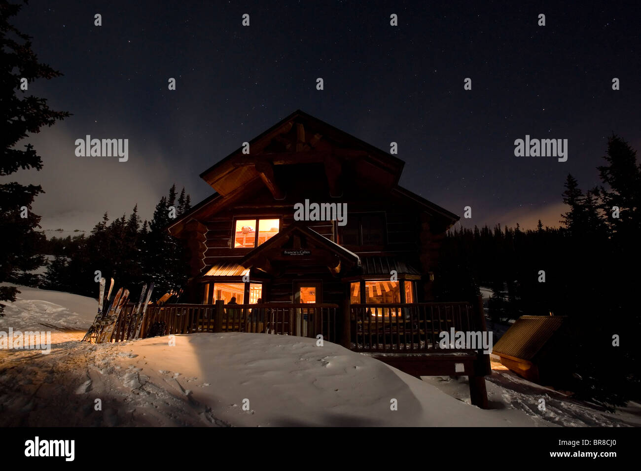 A back-country cabin by fool moon in Breckenridge Colorado. Stock Photo