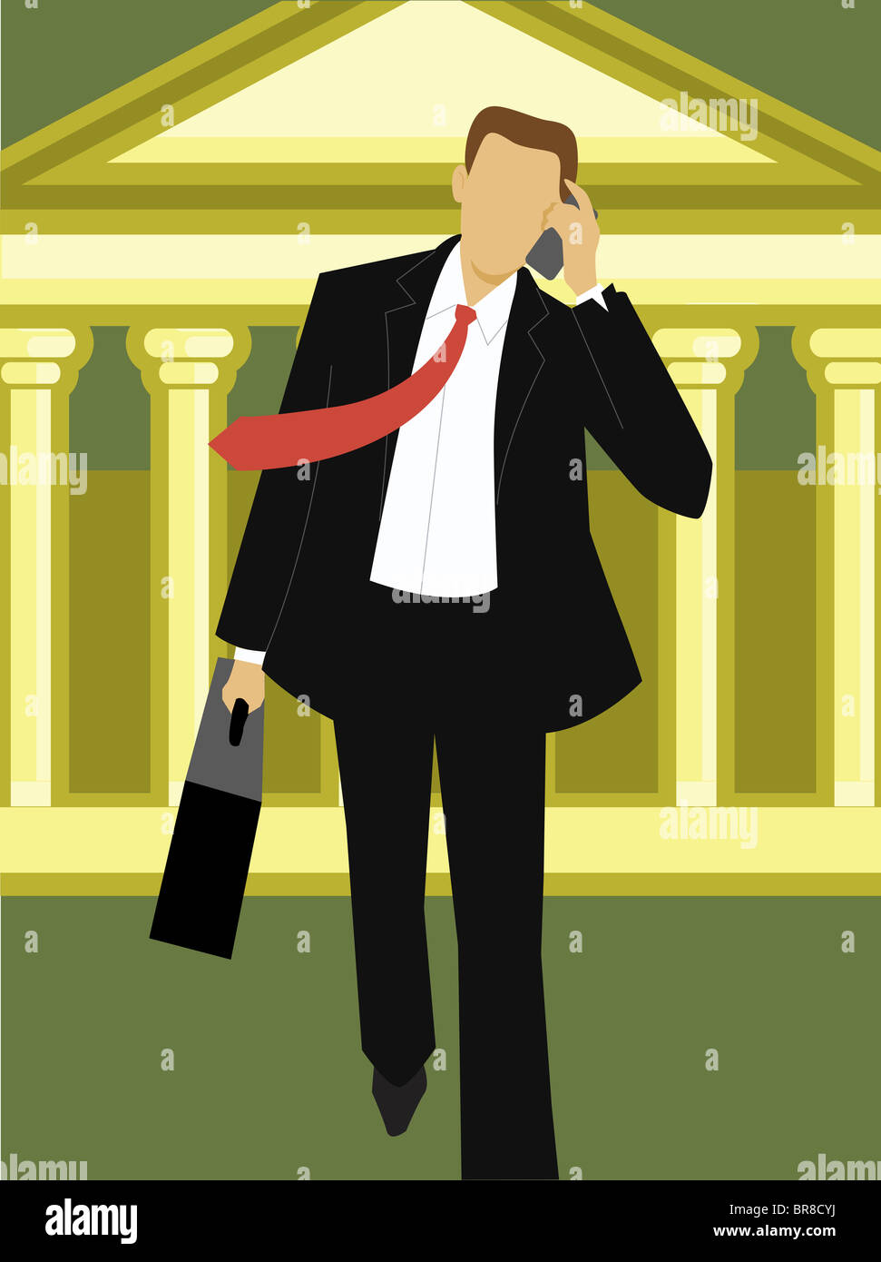 A businessman walking with a briefcase talking on the cell phone in
