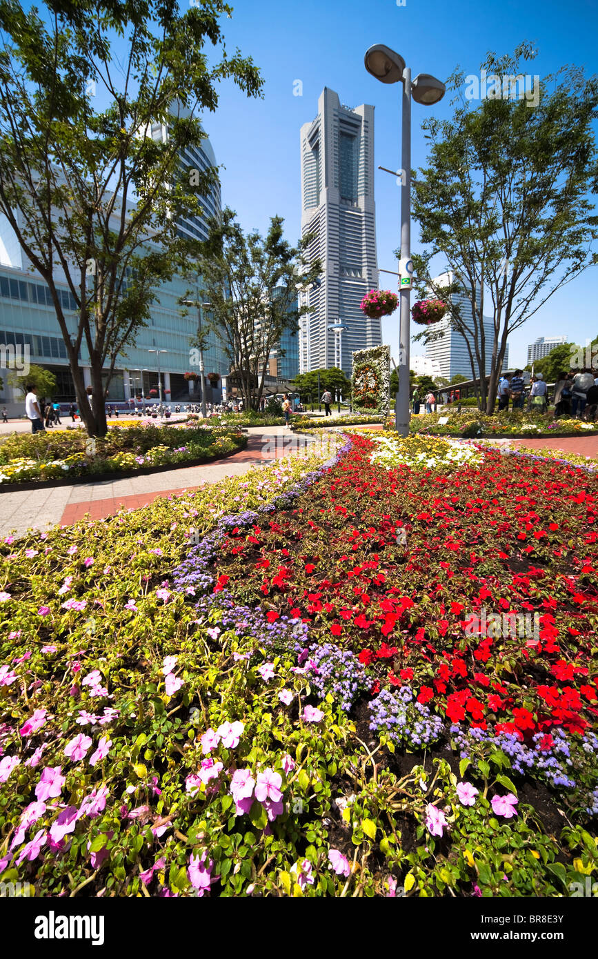 Landmark tower and flower bed Stock Photo