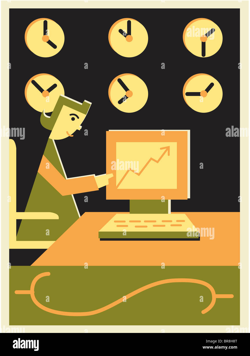 Woman working at a computer in front of international clocks Stock