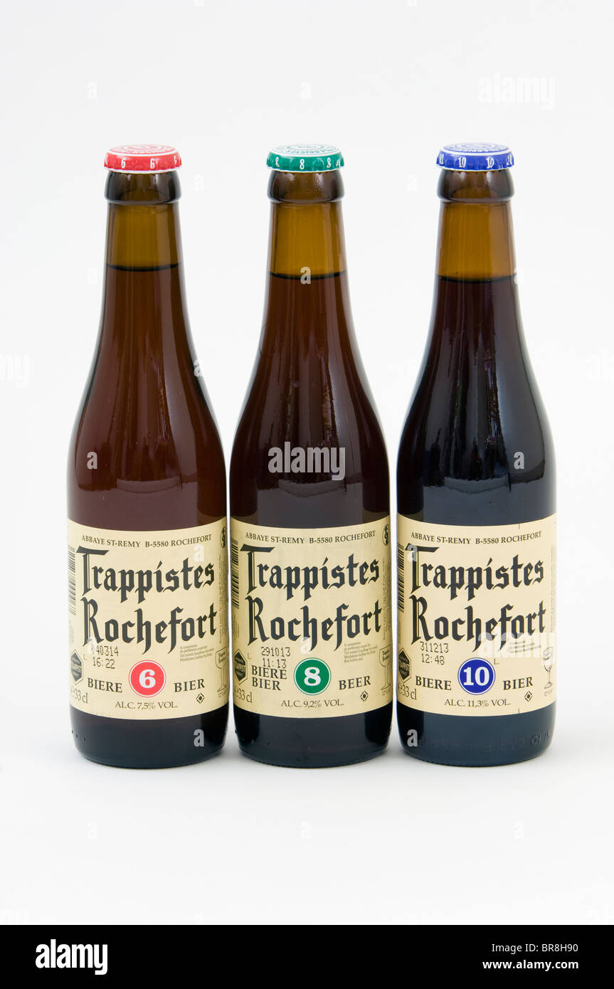 The 3 Trappist beers from Rochefort (6, 8, 10)) from Abbey of Notre Dame De St-Remy, Belgium on a white background Stock Photo