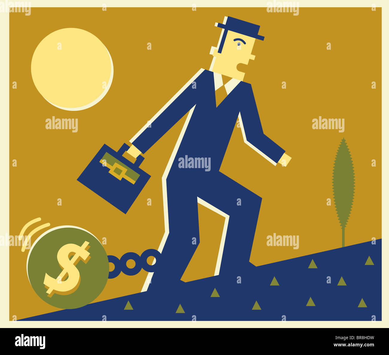 A man going up a hill with a ball and chain around his ankle Stock