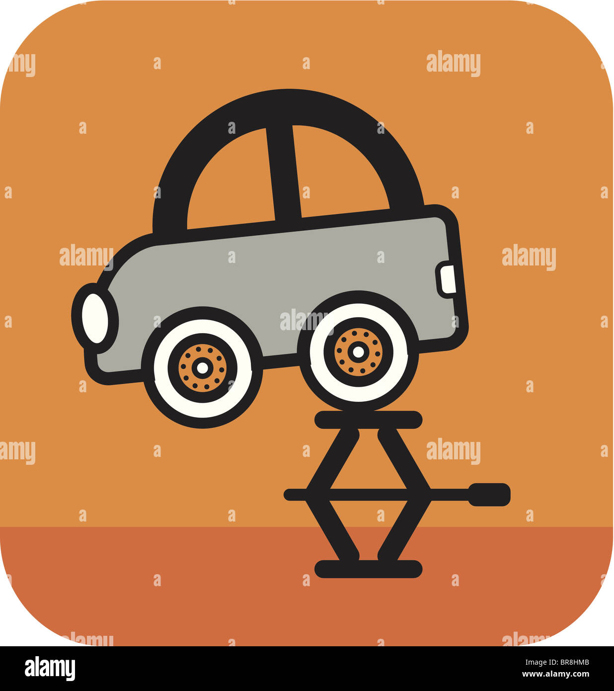 A tire jack lifting a car on orange background Stock Photo