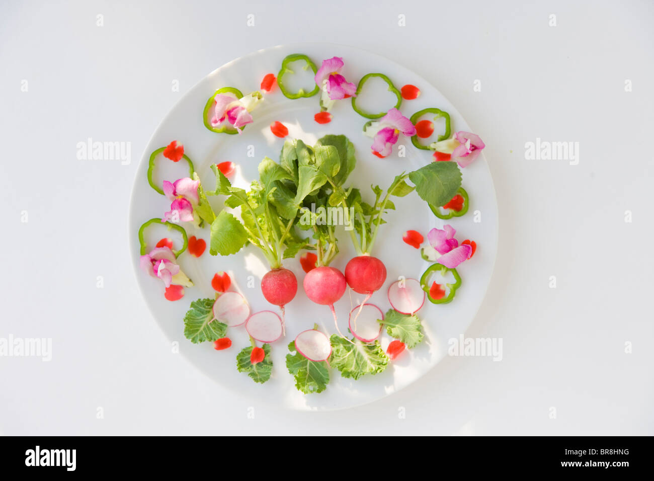 Salad with flowers, white background Stock Photo