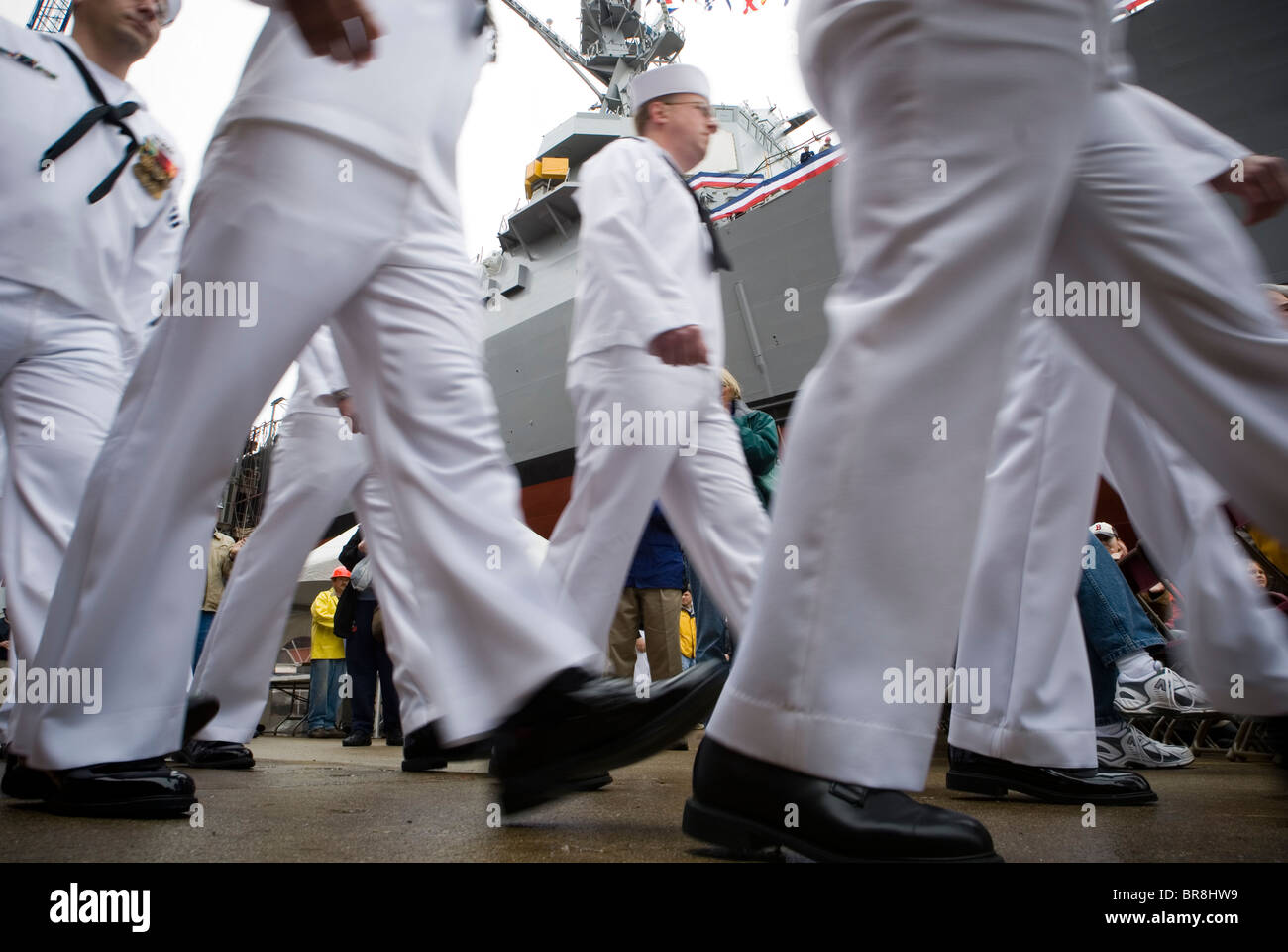 Sailors at christening ceremony of a new US Navy ship in Bath Maine