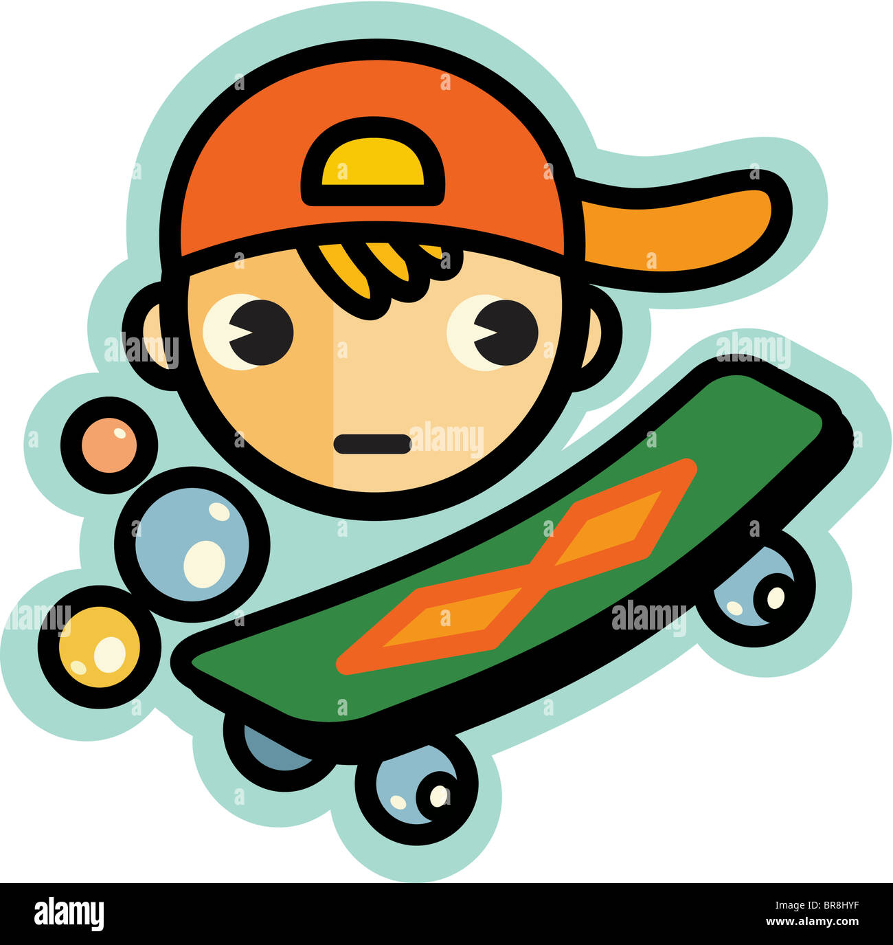 Illustration of a boy wearing a hat and a green skateboard Stock Photo