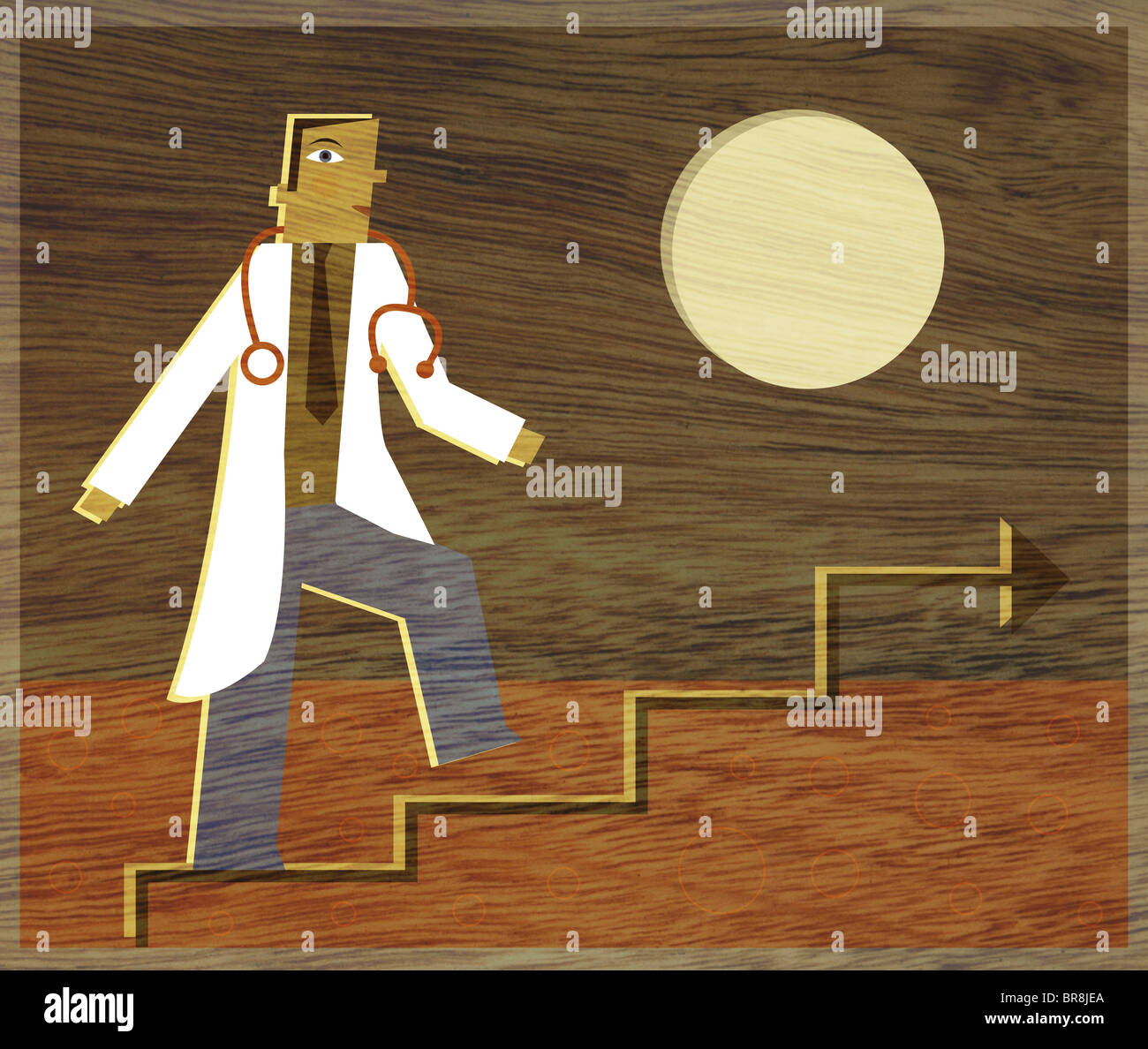A physician climbing a line graph that looks like stairs Stock Photo