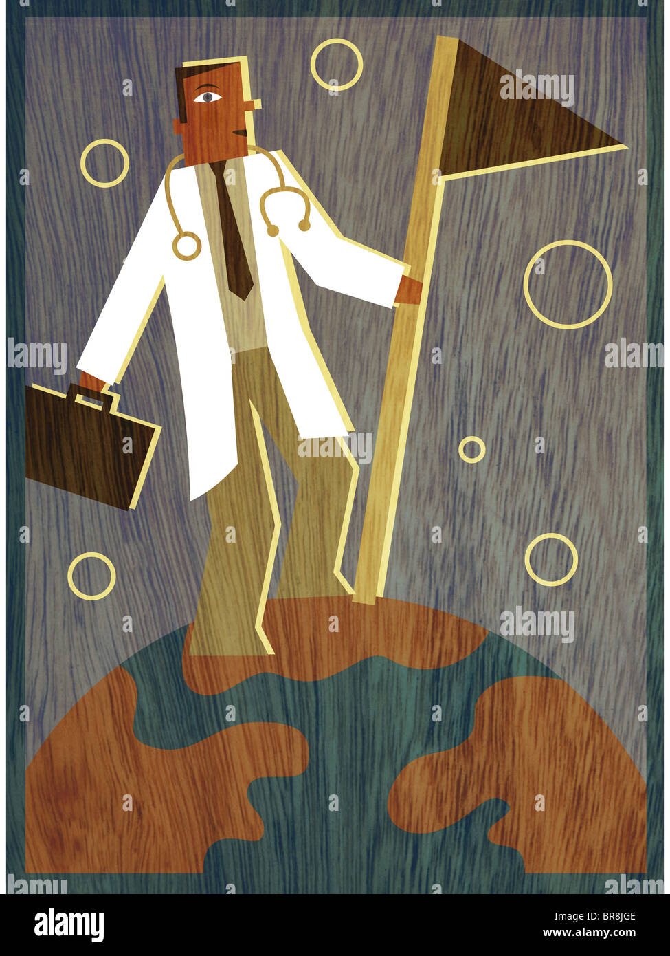 A doctor holding a briefcase and planting a flag on top of the world Stock Photo