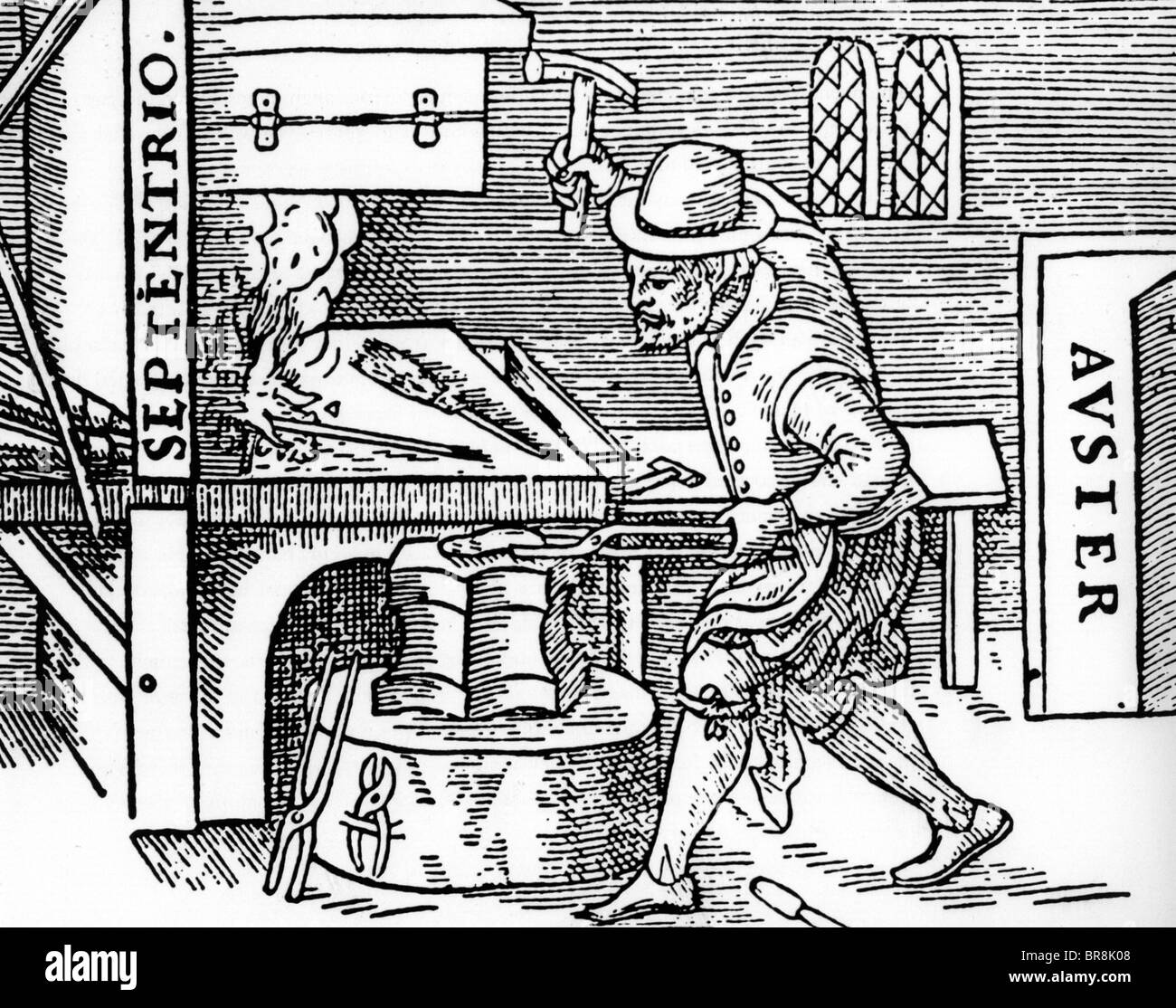 FORGING A MAGNET from De Magnete by  William Gilbert and Christopher Clewes, published in 1600. The metal bar is aligned N/S Stock Photo