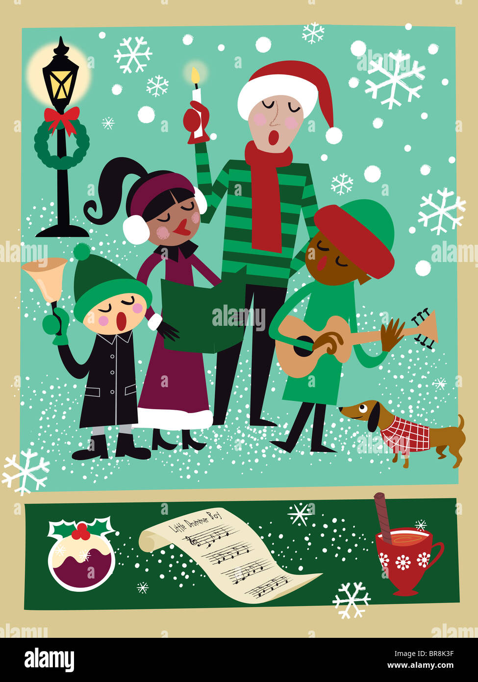 Group of children singing Christmas carols in snow with Christmas