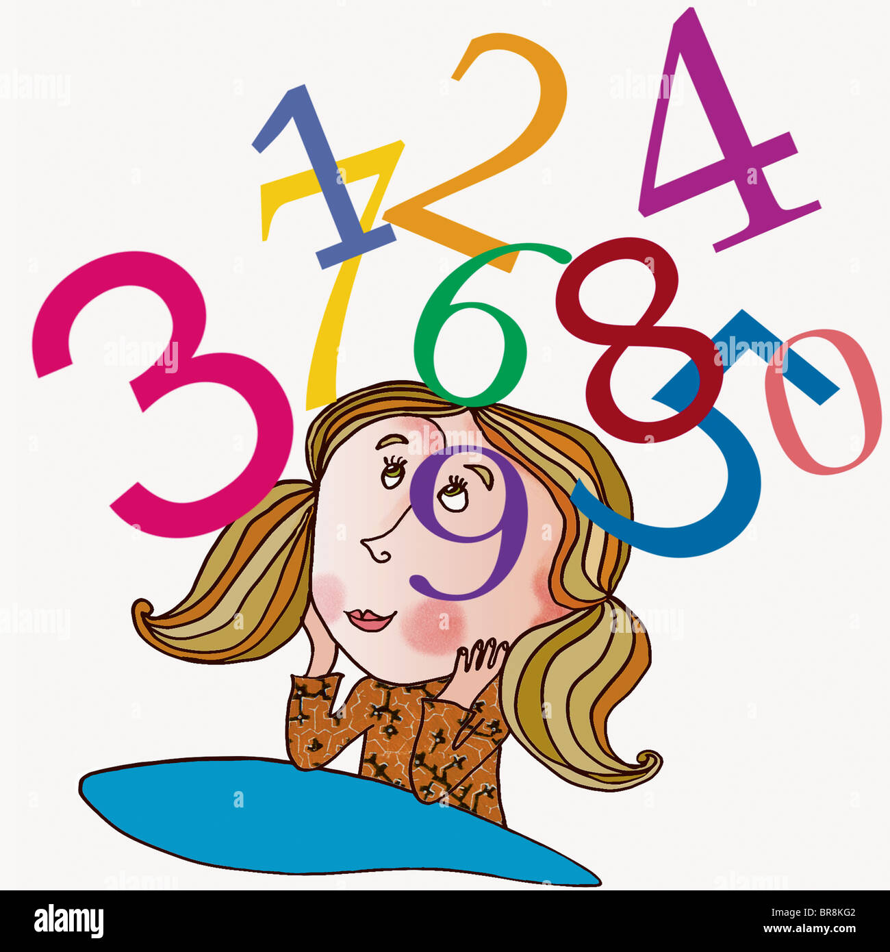 An illustration of a girl thinking of numbers Stock Photo - Alamy