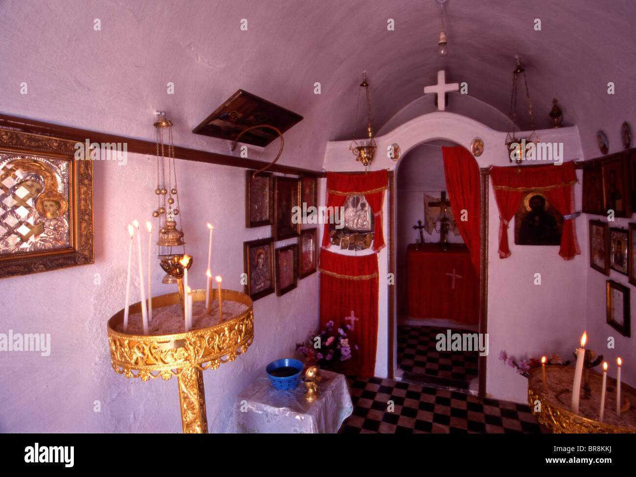 The inyterior of the remote Monastery of Poulariani Astypalaia Greece Stock Photo